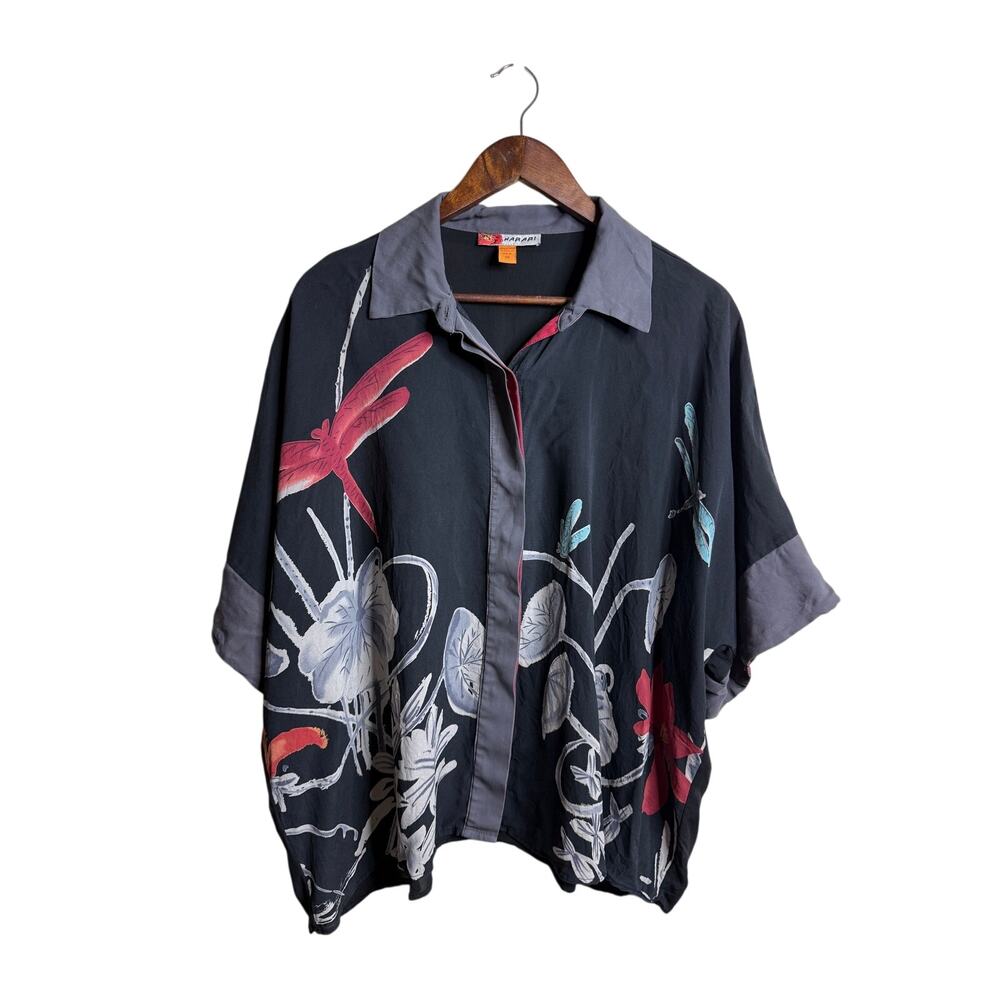Harari 100% Silk Dragonfly Botanical Floral Print Blouse size One Size